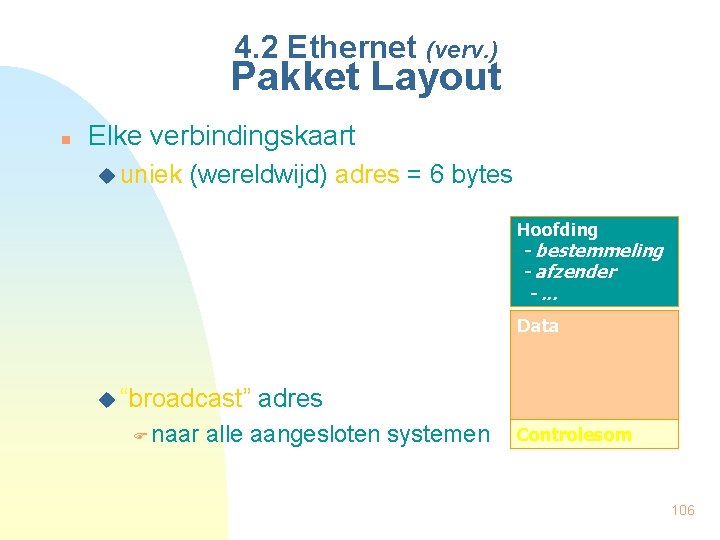 4. 2 Ethernet (verv. ) Pakket Layout n Elke verbindingskaart u uniek (wereldwijd) adres