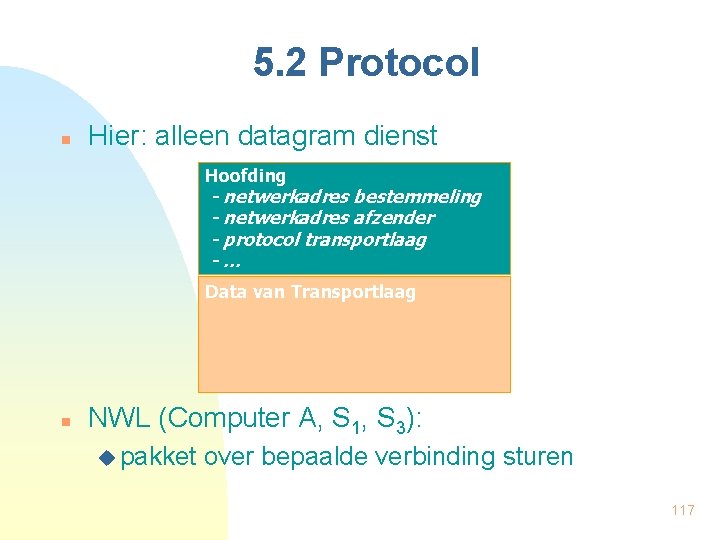 5. 2 Protocol n Hier: alleen datagram dienst Hoofding - netwerkadres bestemmeling - netwerkadres