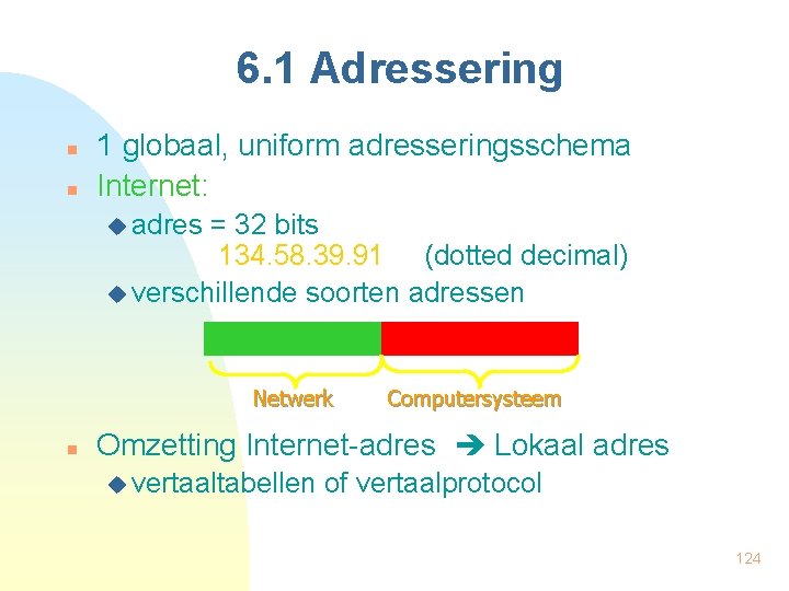 6. 1 Adressering n n 1 globaal, uniform adresseringsschema Internet: u adres = 32