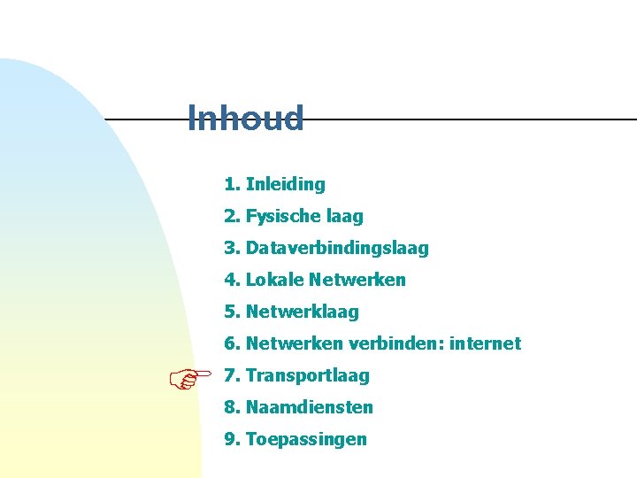 Inhoud 1. Inleiding 2. Fysische laag 3. Dataverbindingslaag 4. Lokale Netwerken 5. Netwerklaag 6.