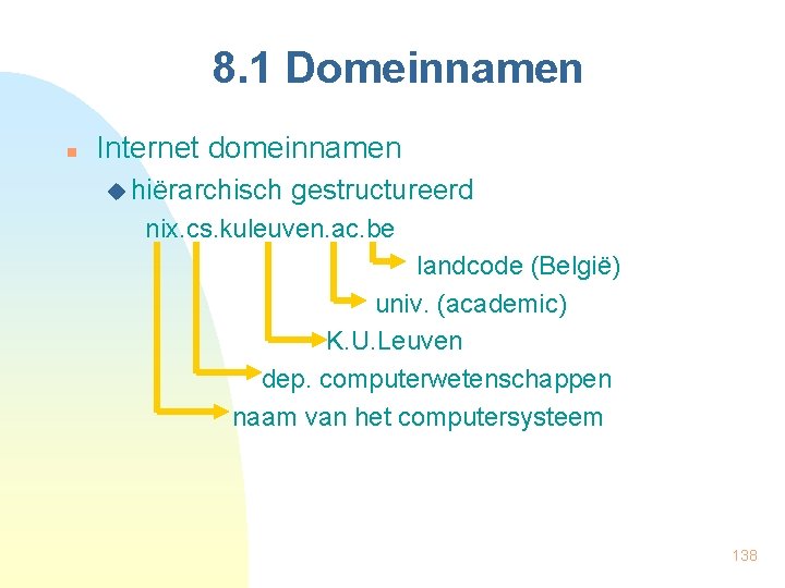 8. 1 Domeinnamen n Internet domeinnamen u hiërarchisch gestructureerd nix. cs. kuleuven. ac. be