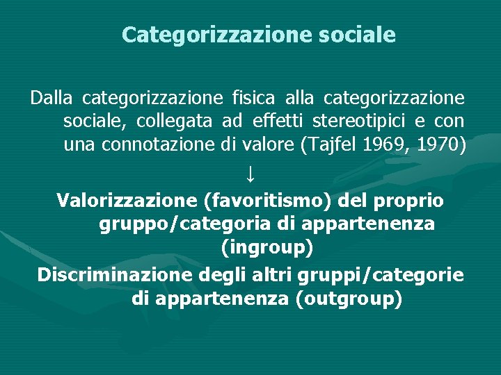 Categorizzazione sociale Dalla categorizzazione fisica alla categorizzazione sociale, collegata ad effetti stereotipici e con