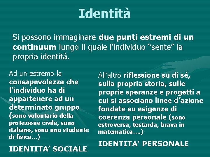 Identità Si possono immaginare due punti estremi di un continuum lungo il quale l’individuo