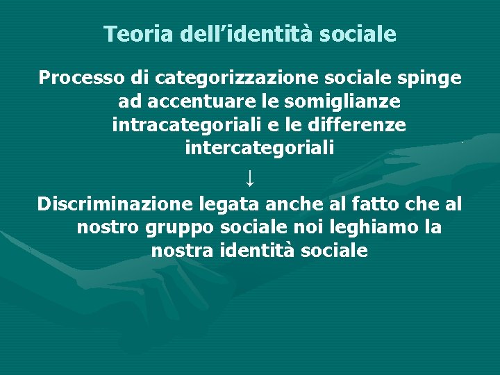 Teoria dell’identità sociale Processo di categorizzazione sociale spinge ad accentuare le somiglianze intracategoriali e