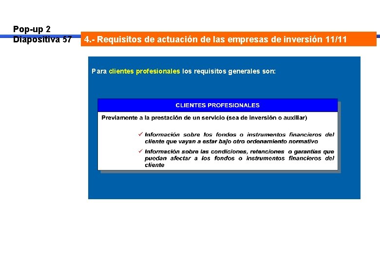 Pop-up 2 Diapositiva 57 4. - Requisitos de actuación de las empresas de inversión