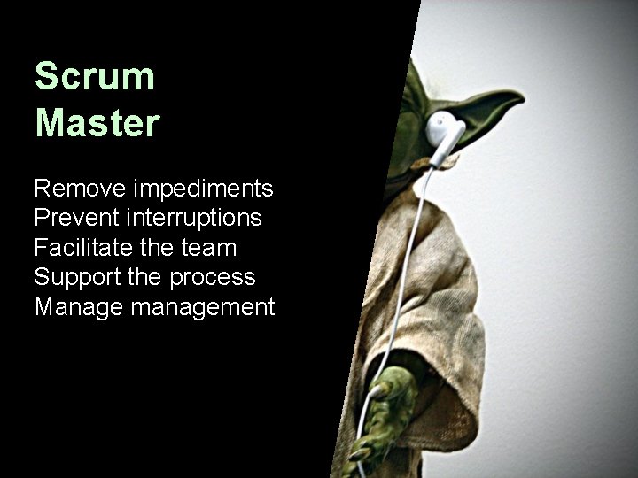 Scrum Master Remove impediments Prevent interruptions Facilitate the team Support the process Manage management