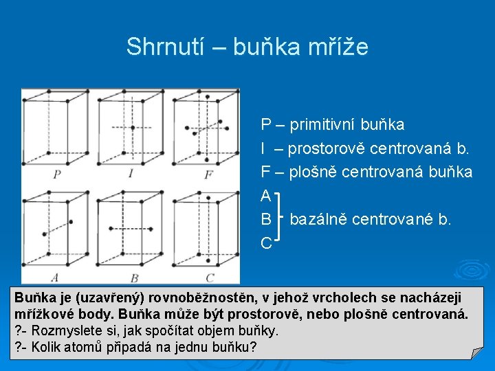 Shrnutí – buňka mříže P – primitivní buňka I – prostorově centrovaná b. F