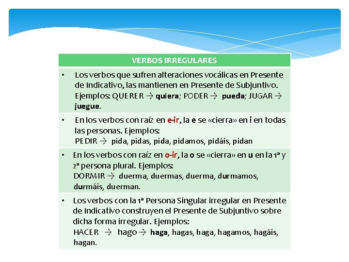 VERBOS IRREGULARES • Los verbos que sufren alteraciones vocálicas en Presente de Indicativo, las