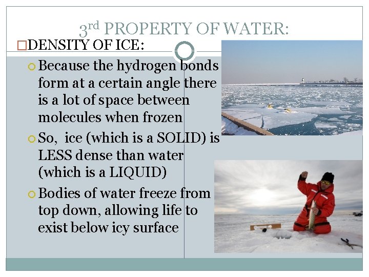 3 rd PROPERTY OF WATER: �DENSITY OF ICE: Because the hydrogen bonds form at