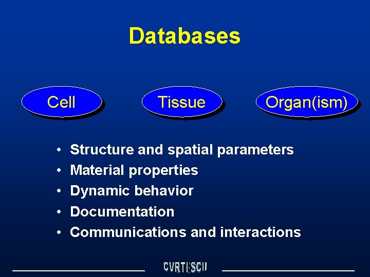 Databases Cell • • • Tissue Organ(ism) Structure and spatial parameters Material properties Dynamic