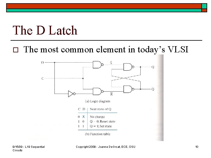 The D Latch o The most common element in today’s VLSI 9/15/09 - L