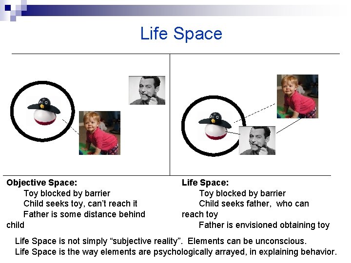 Life Space Objective Space: Toy blocked by barrier Child seeks toy, can’t reach it