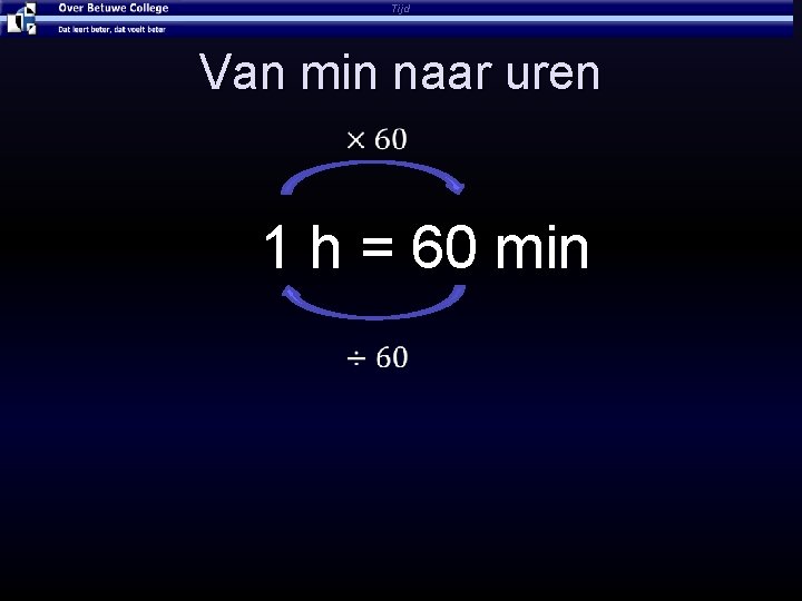 Tijd Van min naar uren 1 h = 60 min 
