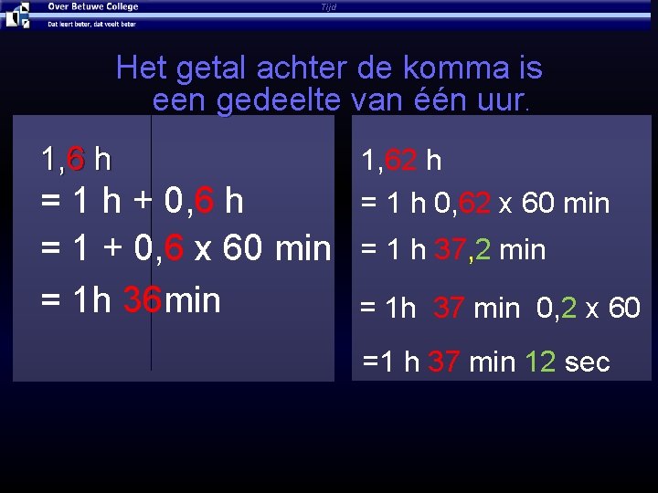 Tijd Het getal achter de komma is een gedeelte van één uur. 1, 6