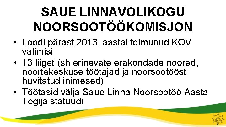 SAUE LINNAVOLIKOGU NOORSOOTÖÖKOMISJON • Loodi pärast 2013. aastal toimunud KOV valimisi • 13 liiget