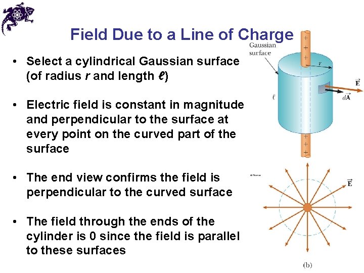 Field Due to a Line of Charge • Select a cylindrical Gaussian surface (of Field Due to a Line of Charge • Select a cylindrical Gaussian surface (of
