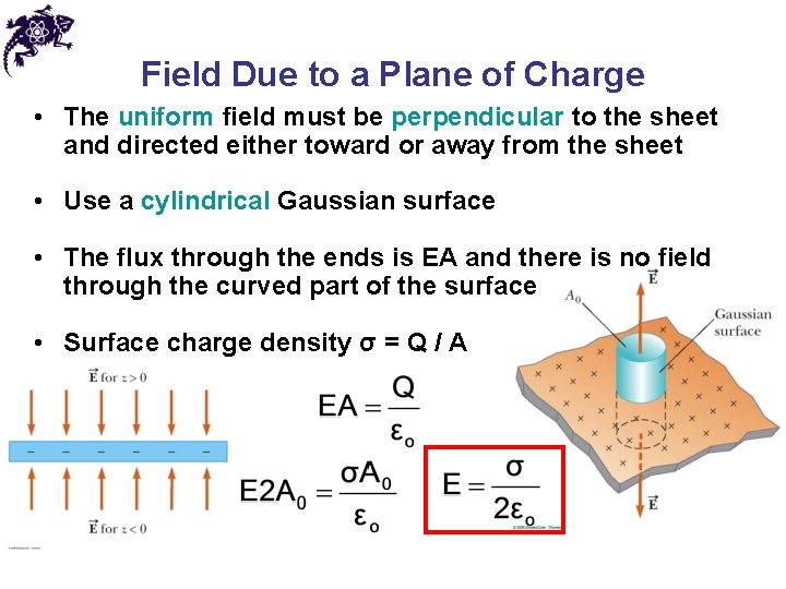 Field Due to a Plane of Charge • The uniform field must be perpendicular