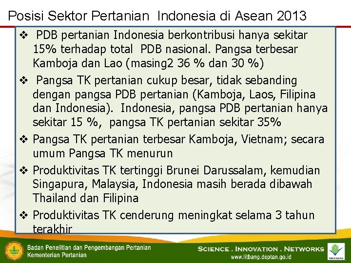 Posisi Sektor Pertanian Indonesia di Asean 2013 v PDB pertanian Indonesia berkontribusi hanya sekitar