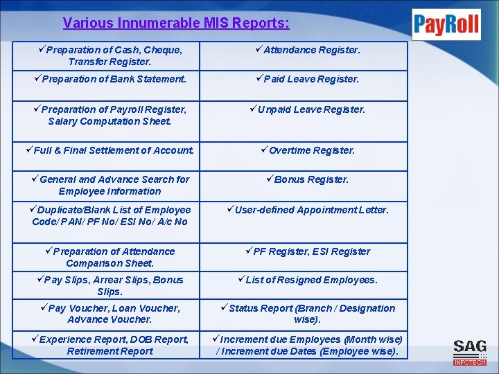 Various Innumerable MIS Reports: üPreparation of Cash, Cheque, üAttendance Register. Transfer Register. üPreparation of