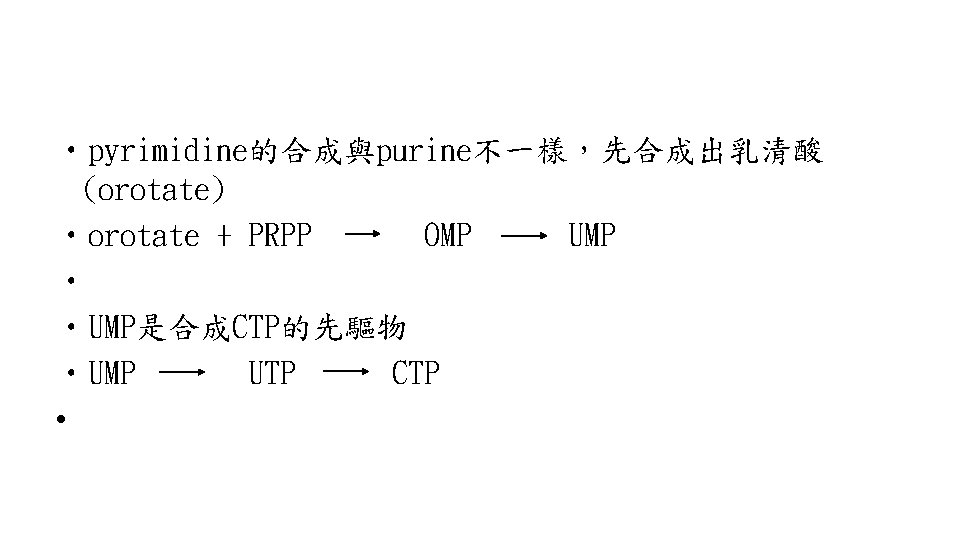  • pyrimidine的合成與purine不一樣，先合成出乳清酸 (orotate) • orotate + PRPP OMP UMP • • UMP是合成CTP的先驅物 •