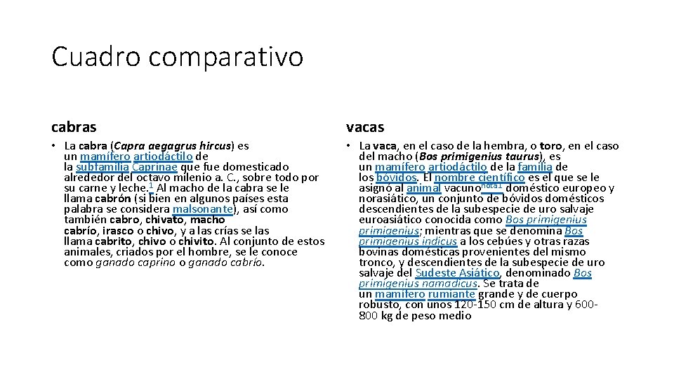 Cuadro comparativo cabras vacas • La cabra (Capra aegagrus hircus) es un mamífero artiodáctilo