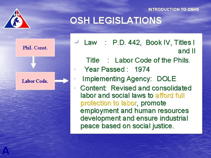INTRODUCTION TO OSHS OSH LEGISLATIONS Phil. Const. Labor Code. A • Law : P.