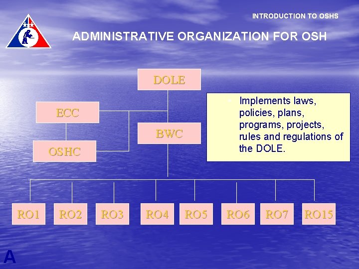 INTRODUCTION TO OSHS ADMINISTRATIVE ORGANIZATION FOR OSH DOLE • Implements laws, policies, plans, programs,