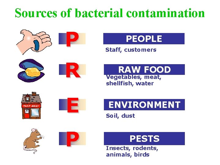 Sources of bacterial contamination P R E P PEOPLE Staff, customers RAW FOOD Vegetables,