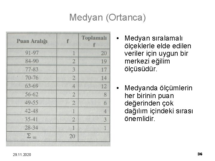 Medyan (Ortanca) • Medyan sıralamalı ölçeklerle elde edilen veriler için uygun bir merkezi eğilim