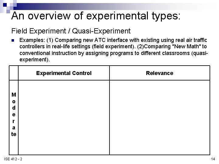 An overview of experimental types: Field Experiment / Quasi-Experiment n Examples: (1) Comparing new An overview of experimental types: Field Experiment / Quasi-Experiment n Examples: (1) Comparing new