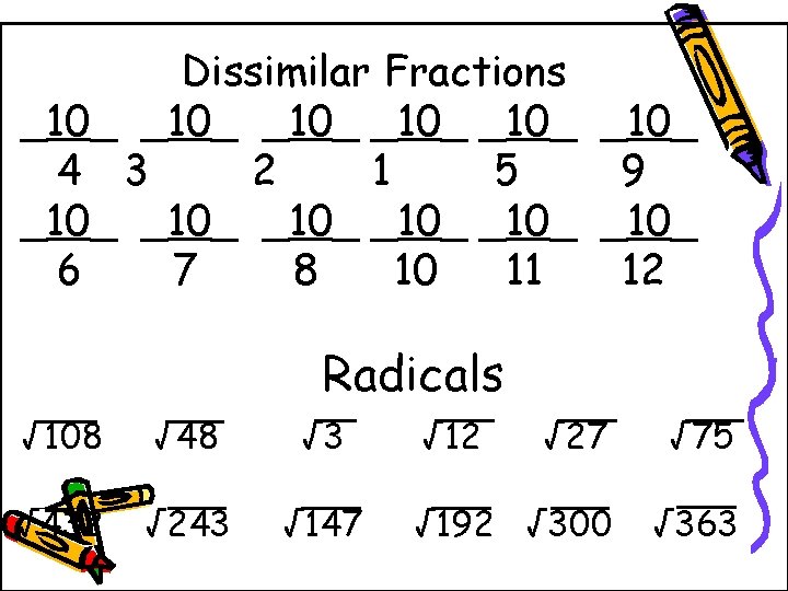 Dissimilar Fractions _10_ _10_ 4 3 2 1 5 9 _10_ _10_ 6 7