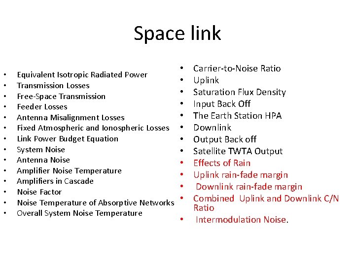 Space link • • • • Equivalent Isotropic Radiated Power Transmission Losses Free-Space Transmission