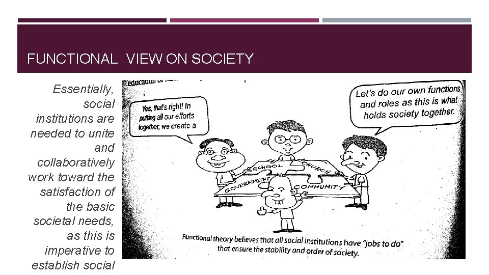 FUNCTIONAL VIEW ON SOCIETY Essentially, social institutions are needed to unite and collaboratively work