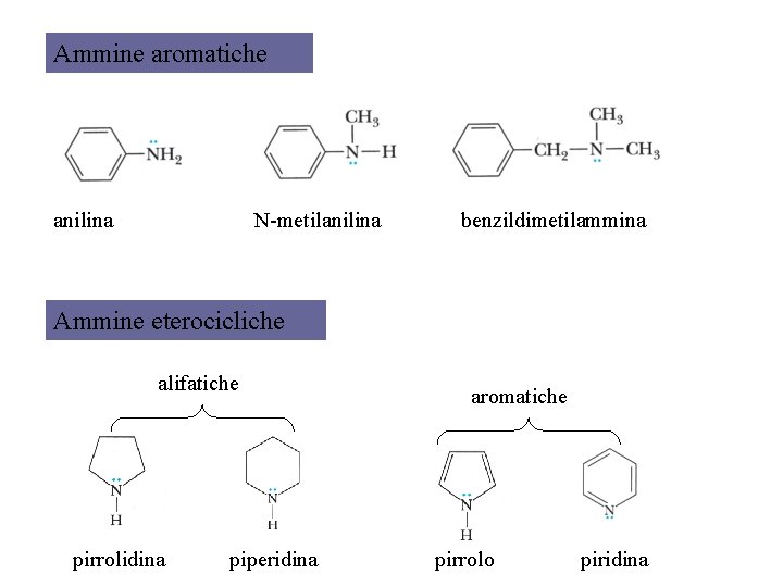 Ammine aromatiche anilina N-metilanilina benzildimetilammina Ammine eterocicliche alifatiche pirrolidina piperidina aromatiche pirrolo piridina 