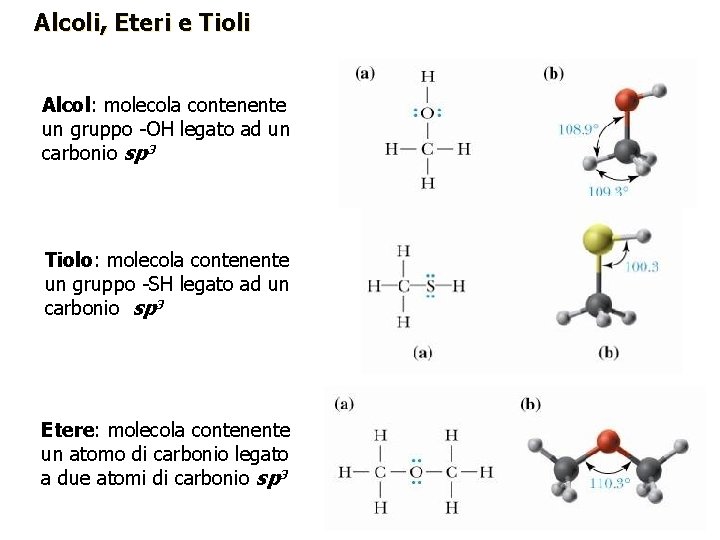 Alcoli, Eteri e Tioli Alcol: molecola contenente un gruppo -OH legato ad un carbonio