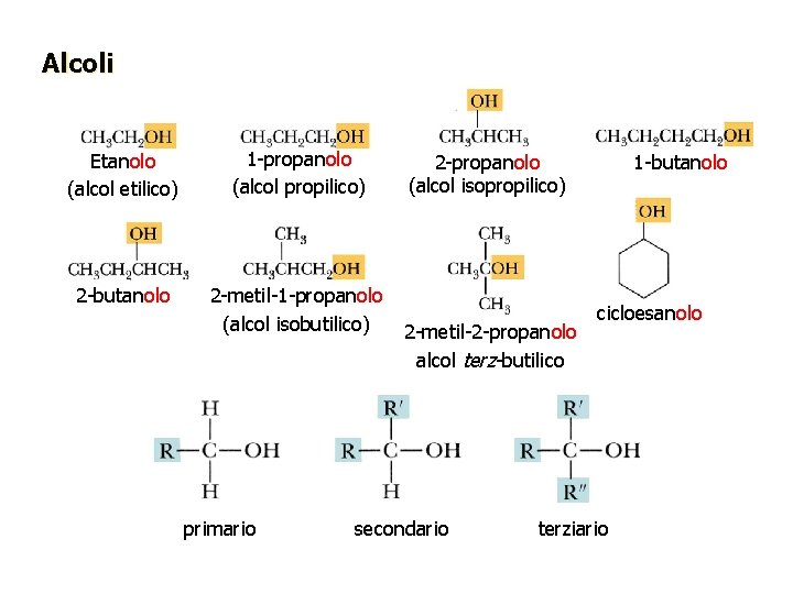 Alcoli Etanolo (alcol etilico) 1 -propanolo (alcol propilico) 2 -butanolo 2 -metil-1 -propanolo (alcol
