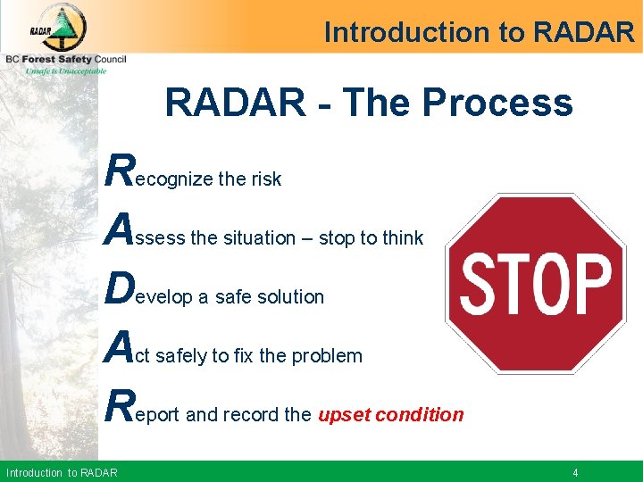 Introduction to RADAR - The Process Recognize the risk Assess the situation – stop