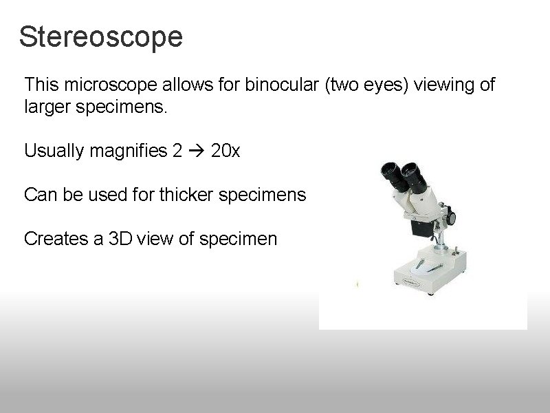 Stereoscope This microscope allows for binocular (two eyes) viewing of larger specimens. Usually magnifies