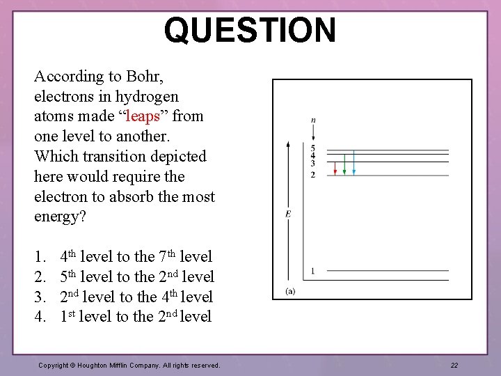 QUESTION According to Bohr, electrons in hydrogen atoms made “leaps” from one level to