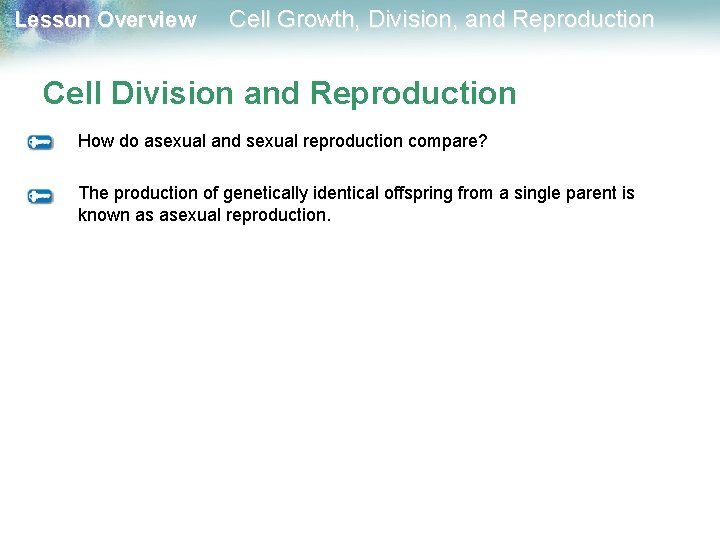 Lesson Overview Cell Growth, Division, and Reproduction Cell Division and Reproduction How do asexual