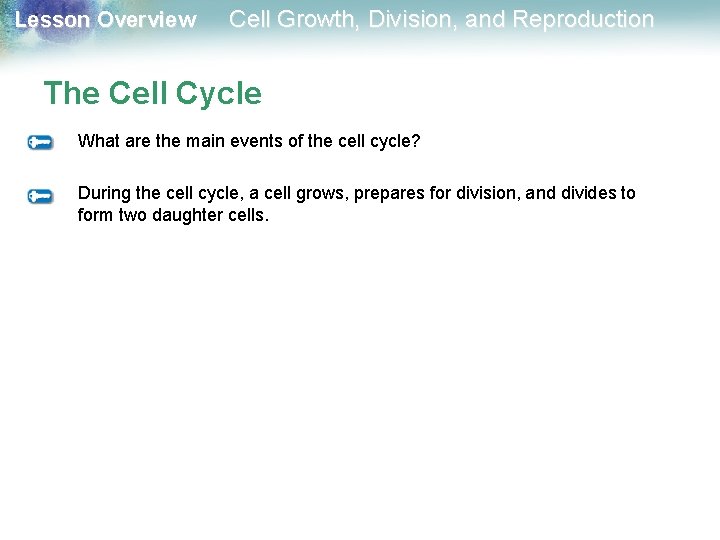 Lesson Overview Cell Growth, Division, and Reproduction The Cell Cycle What are the main