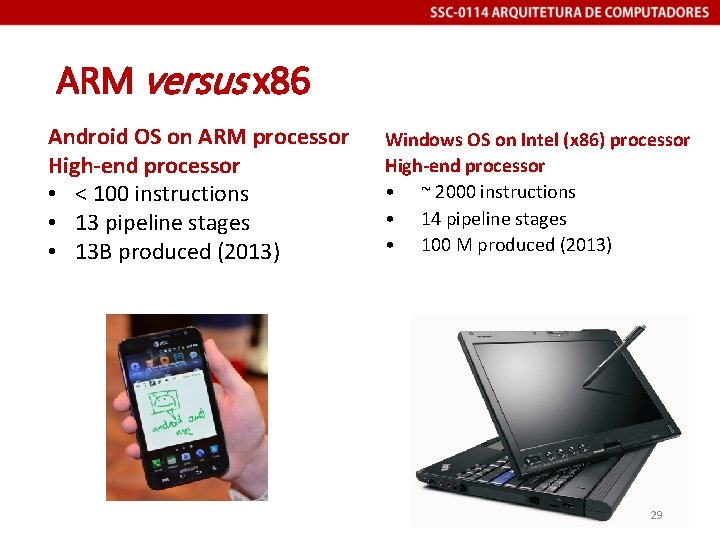 ARM versus x 86 Android OS on ARM processor High-end processor • < 100