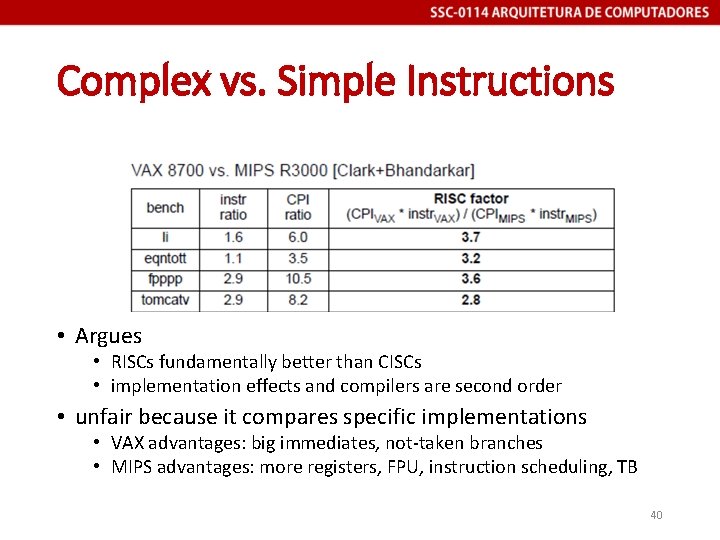 Complex vs. Simple Instructions • Argues • RISCs fundamentally better than CISCs • implementation