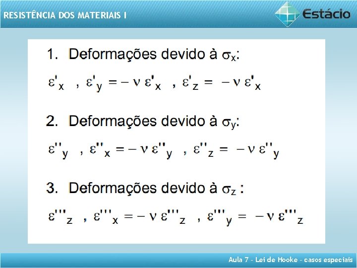 RESISTÊNCIA DOS MATERIAIS I Aula 7 – Lei de Hooke – casos especiais 
