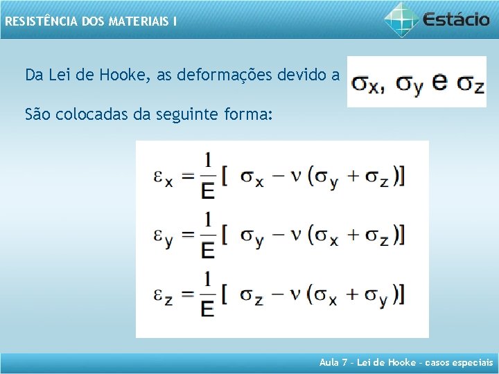 RESISTÊNCIA DOS MATERIAIS I Da Lei de Hooke, as deformações devido a São colocadas
