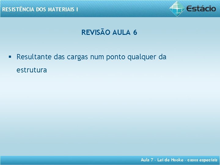RESISTÊNCIA DOS MATERIAIS I REVISÃO AULA 6 § Resultante das cargas num ponto qualquer