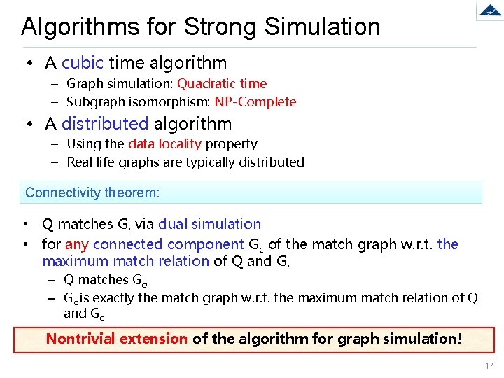 Algorithms for Strong Simulation • A cubic time algorithm – Graph simulation: Quadratic time