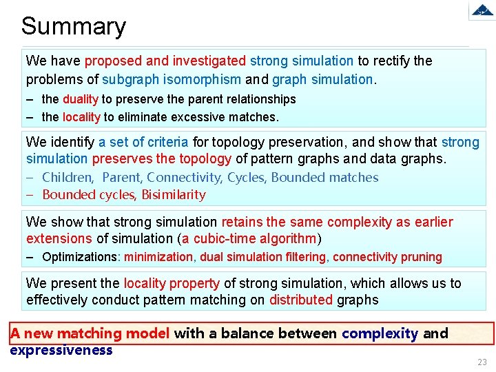 Summary We have proposed and investigated strong simulation to rectify the problems of subgraph