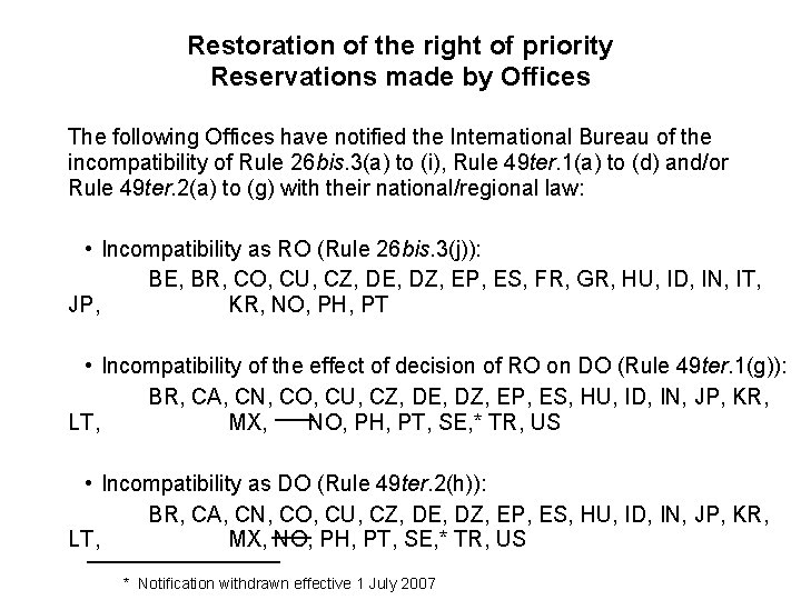 Restoration of the right of priority Reservations made by Offices The following Offices have