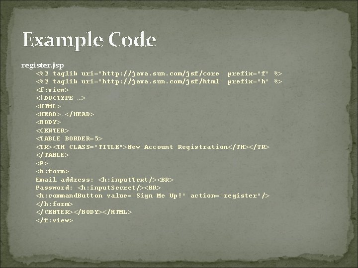 Example Code register. jsp <%@ taglib uri="http: //java. sun. com/jsf/core" prefix="f" %> <%@ taglib